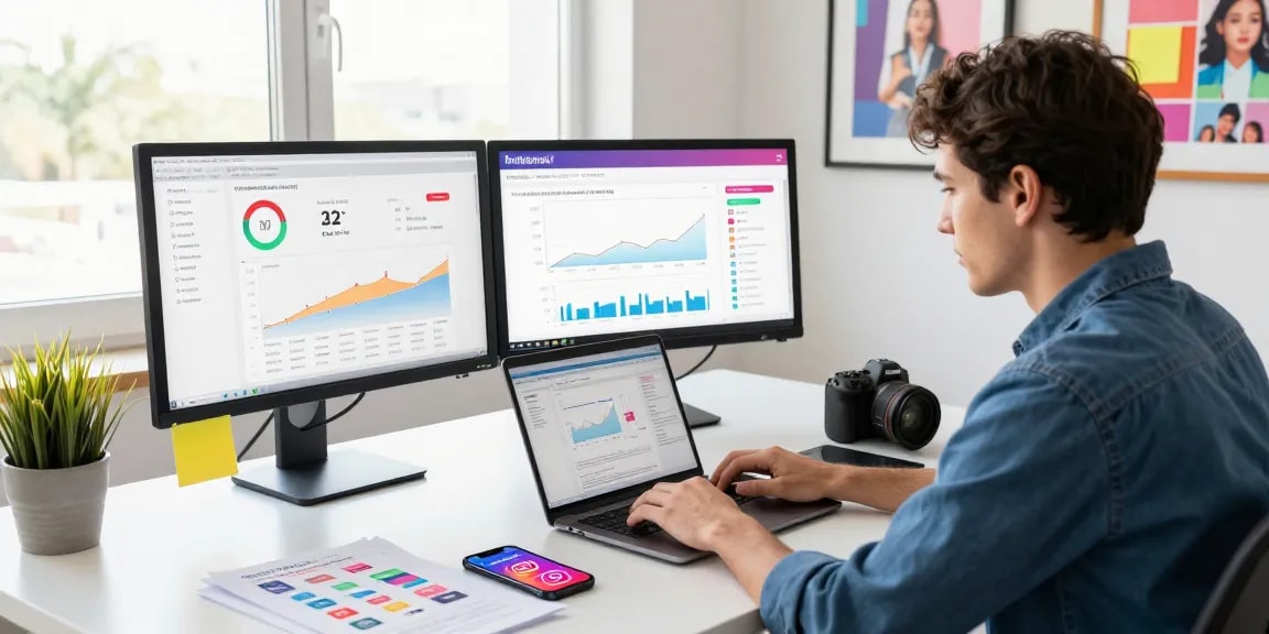 インスタグラム フォロワー 購入を分析するマーケターがいるオフィスの活気ある場面。