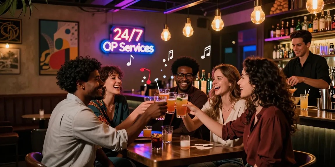 Friends enjoying OP services at a trendy bar, lively atmosphere, urban nightlife.