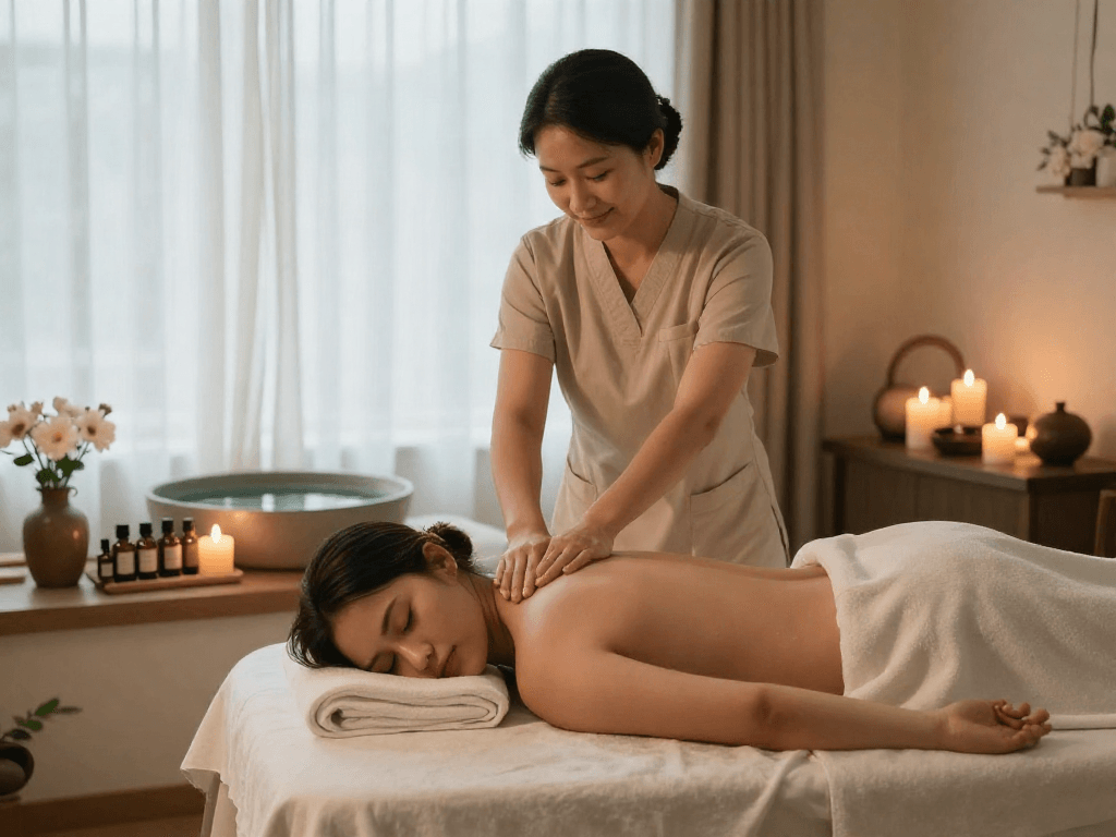 Relaxing 화성출장안마 spa scene with a therapist providing a soothing massage in a tranquil environment.