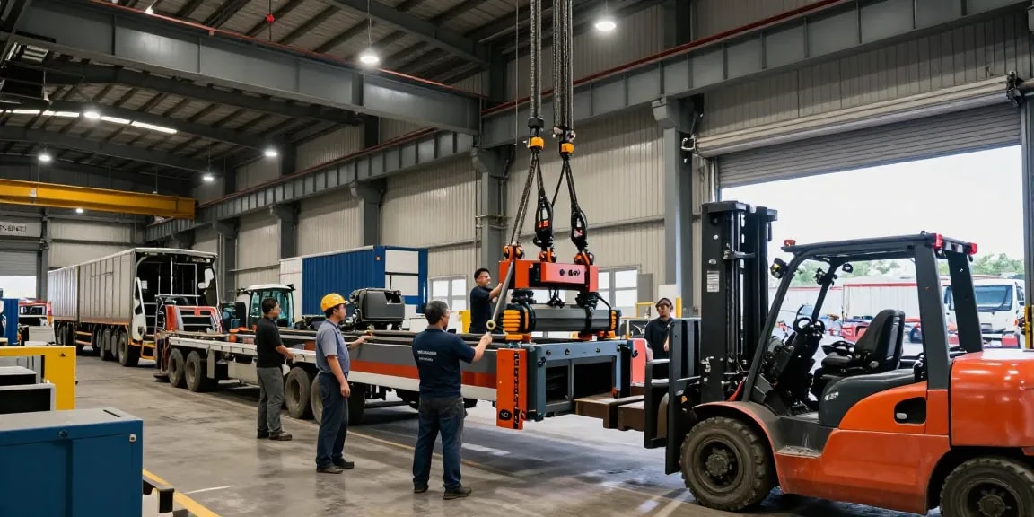 Machinery Movers team securely rigging heavy equipment in a busy warehouse environment.