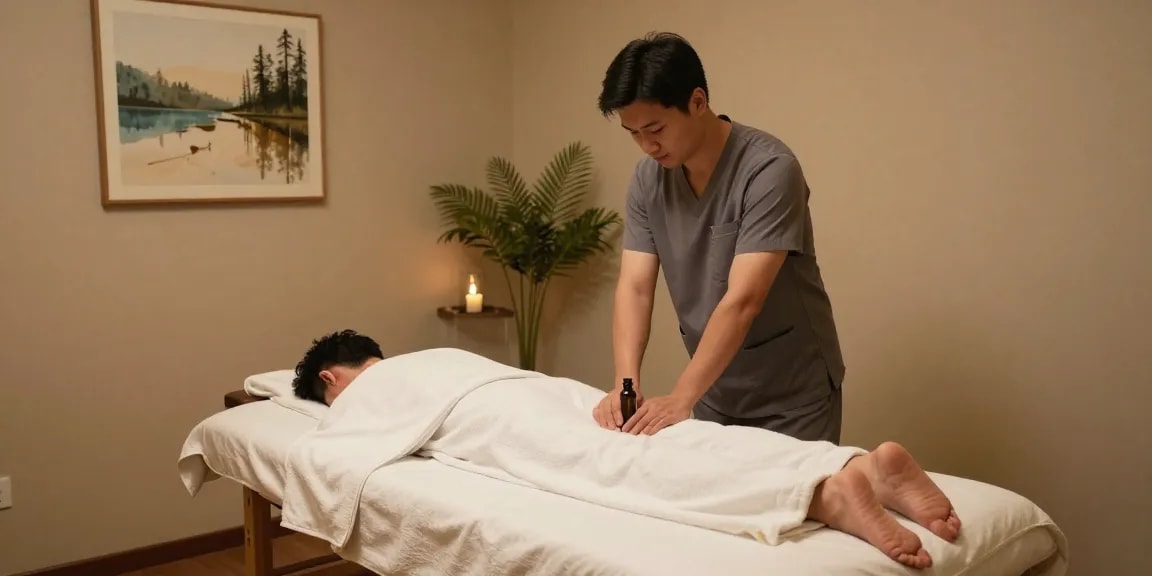 구미마사지 전문 공간에서 남성 마사지사와 아로마 오일이 있는 편안한 방.