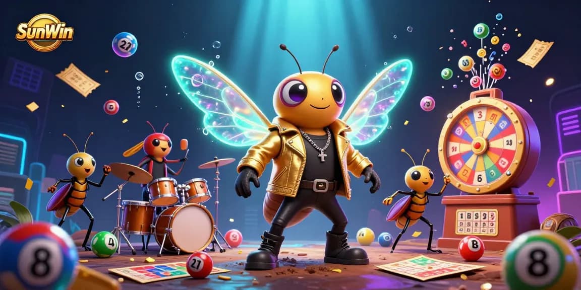 Experience the excitement of SunWin with a buzzing cicada rock star and dynamic lottery elements in this vibrant illustration.