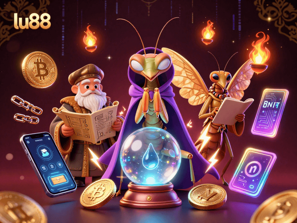 lu88 engages players with a vibrant 3D fantasy scene featuring fortune tellers and cryptocurrency elements.