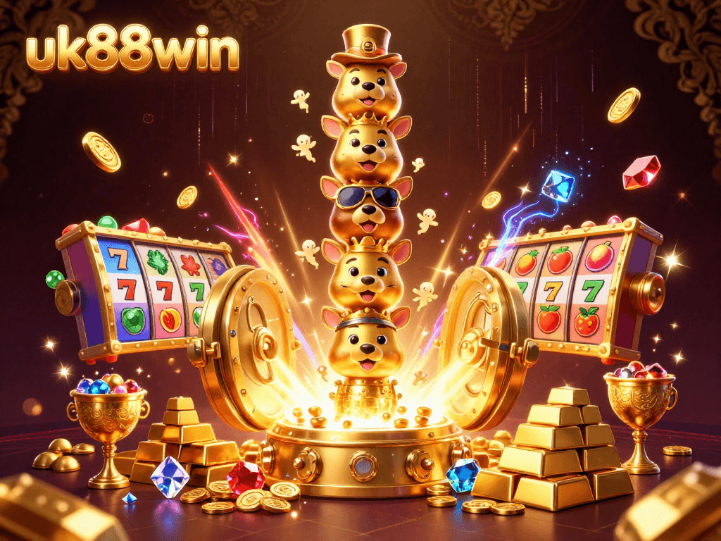 uk88win showcases thrilling slot gameplay with vibrant golden totem and treasure elements.