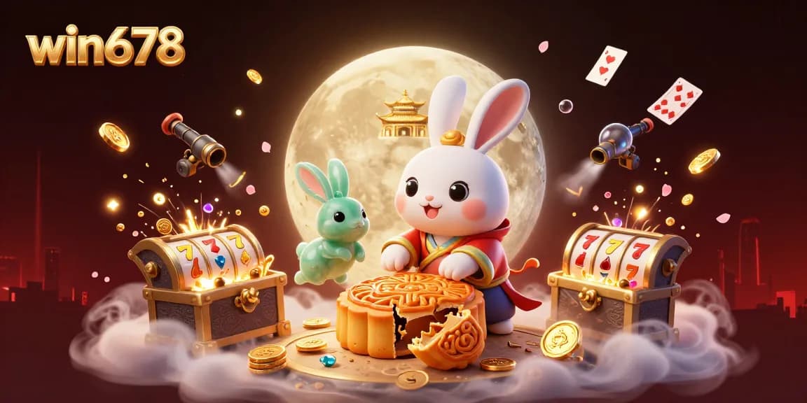 Experience win678's thrilling slot game adventure with a captivating lunar scene and vibrant casino elements.