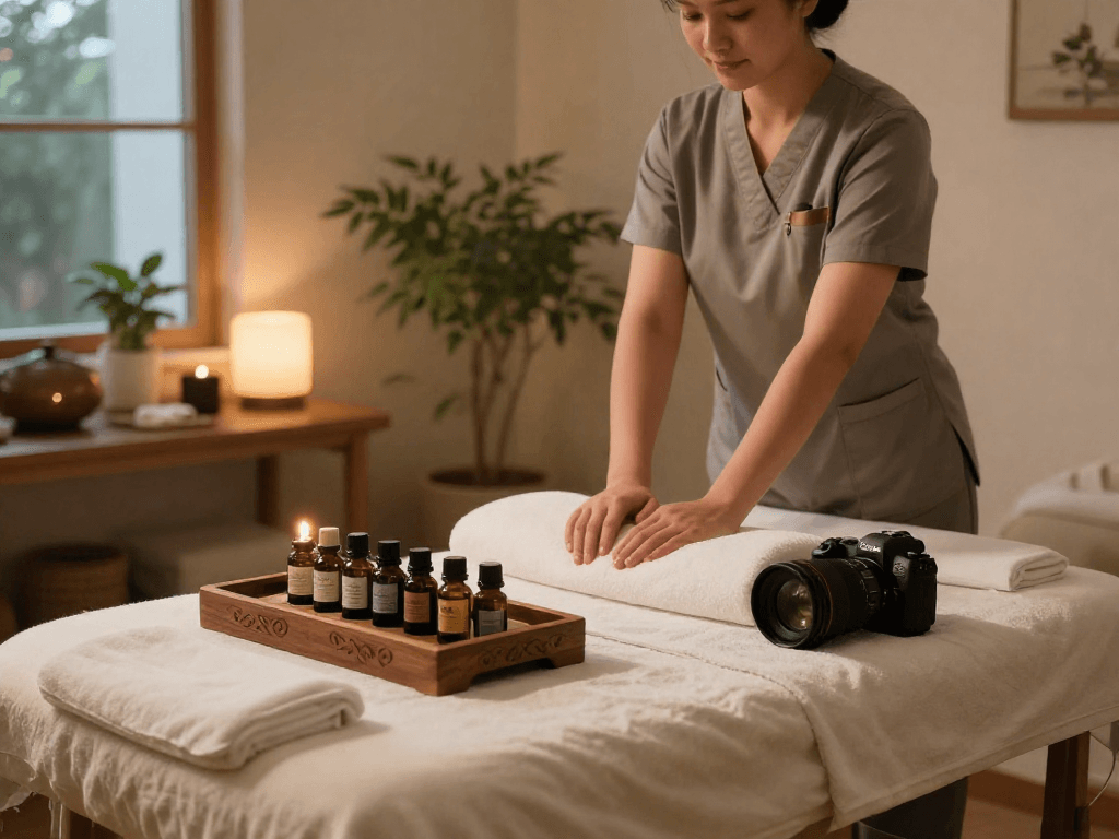 Relaxation space for 용산출장안마 with massage therapist and calming atmosphere.