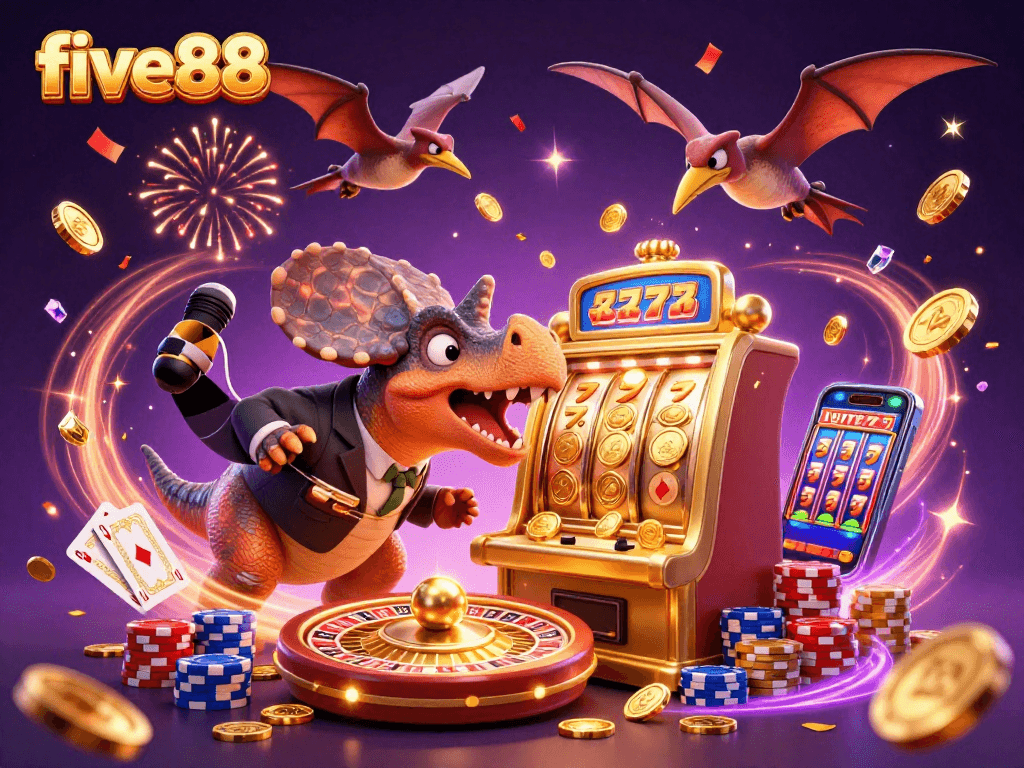 five88 slot machine illustration with dinosaurs celebrating jackpot coins and casino elements.