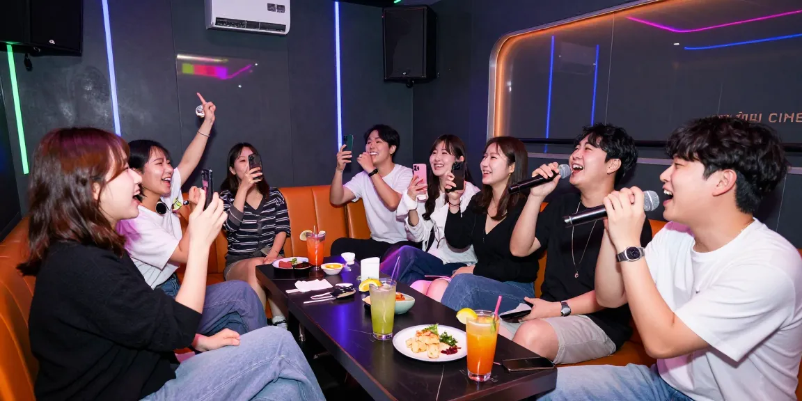 인천쓰리노에서 활기찬 분위기의 노래방에서 친구들이 즐거운 시간 보내는 모습