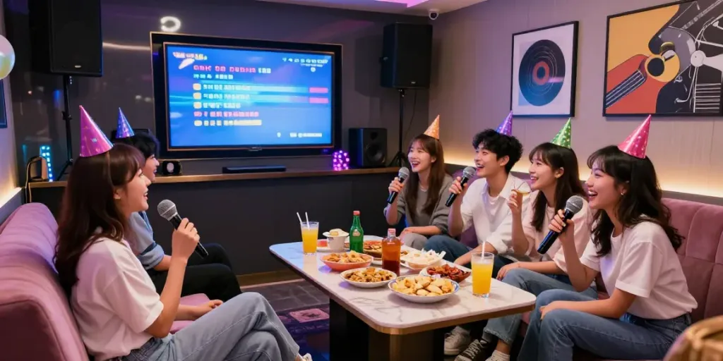 강남 달토에서 친구들과 즐거운 노래방 시간을 보내는 고급스러운 분위기