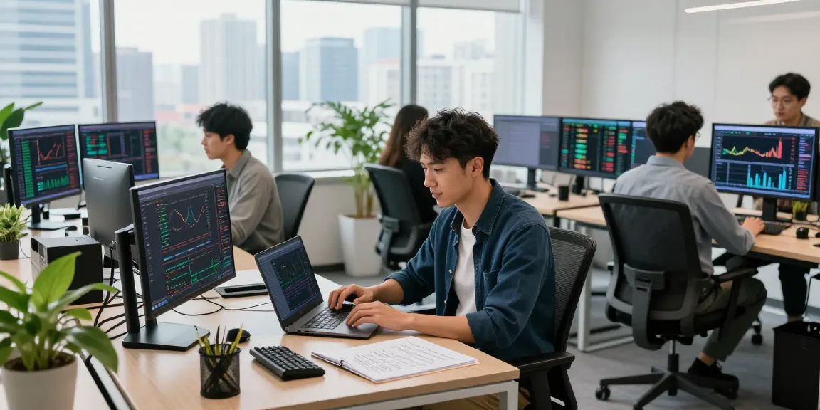Traders at 업투익스체인지 engaging with real-time cryptocurrency data in a vibrant office.