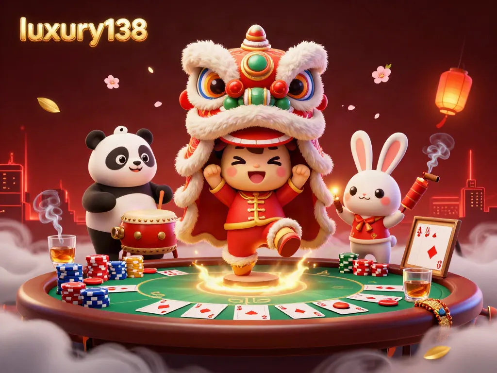 Experience thrilling gameplay at luxury138 with an energetic lion dance and high-stakes poker elements.
