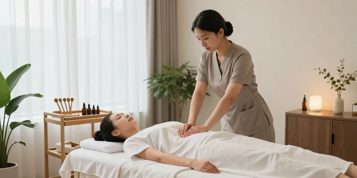1인샵에서 전문 마사지사가 편안한 분위기 속에서 고객에게 스웨디시 마사지 시연