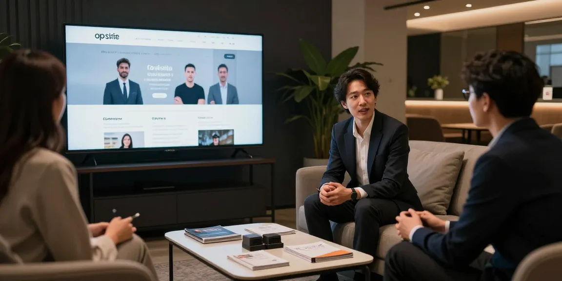 op사이트 overview discussion in a sophisticated lounge setting with consultant and clients