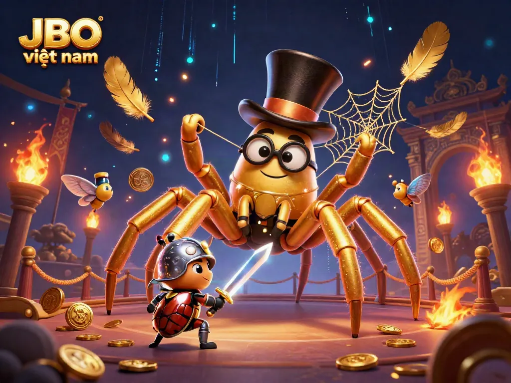 Immerse in the vibrant world of JBO việt nam with golden tarantula and beetle knight at a casino arena.