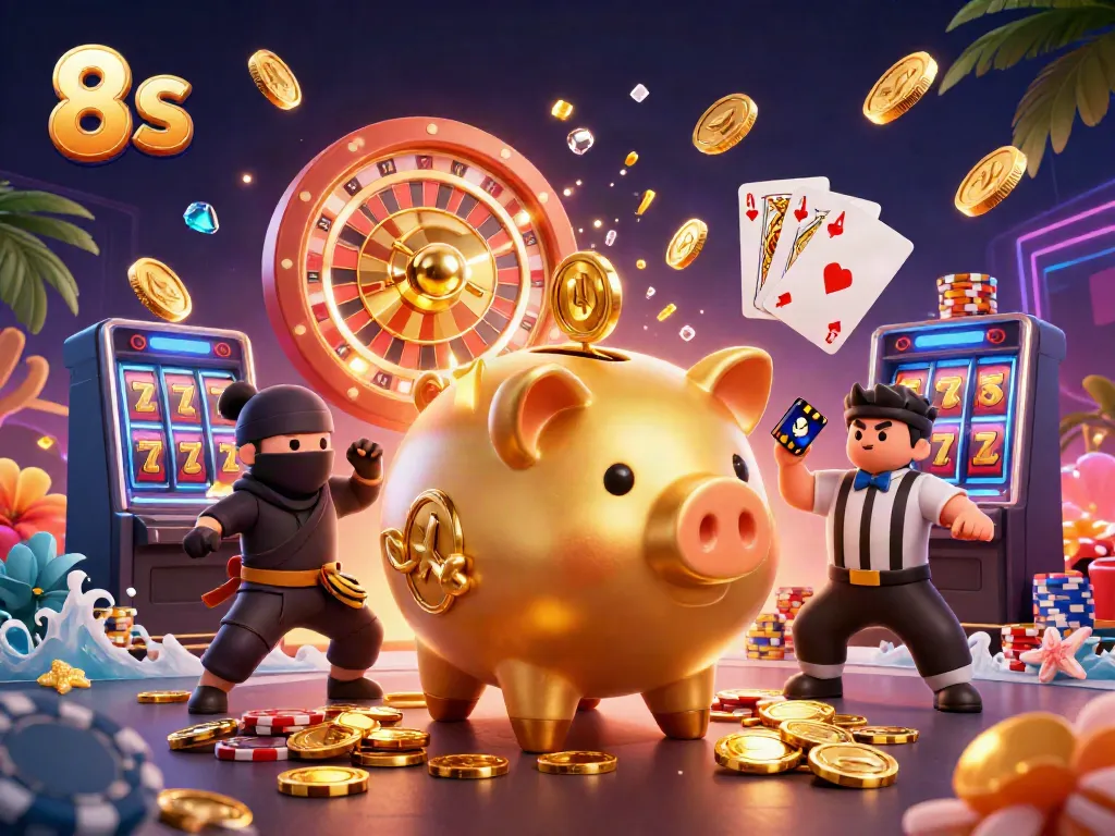 Experience the thrill of 8 S with a whimsical sumo wrestler piggy bank, casino action and energy.