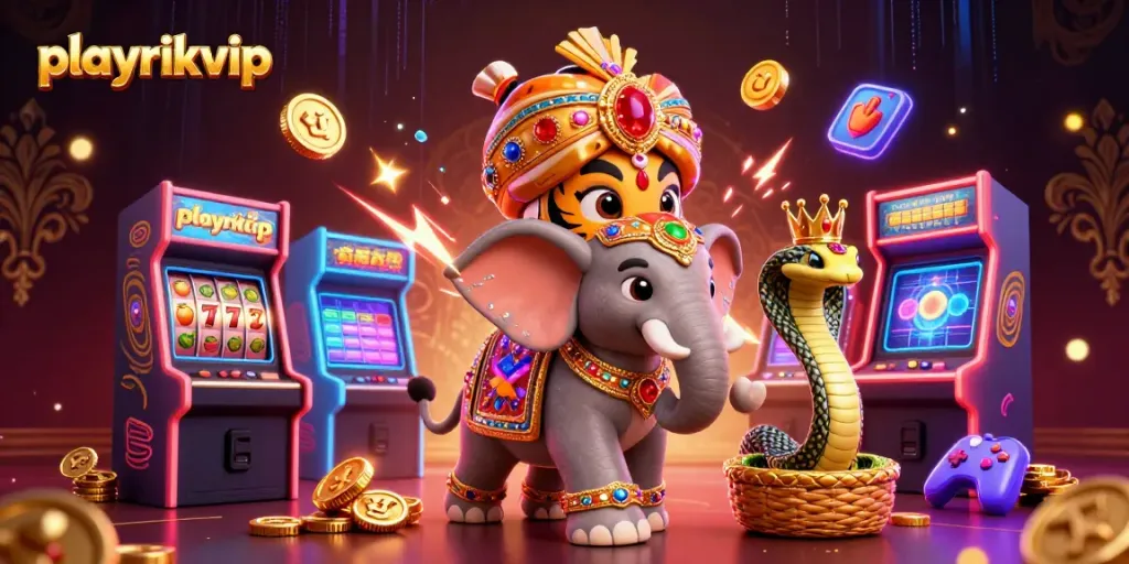Experience thrilling moments at playrikvip with a vibrant 3D casino scene featuring gaming elements.
