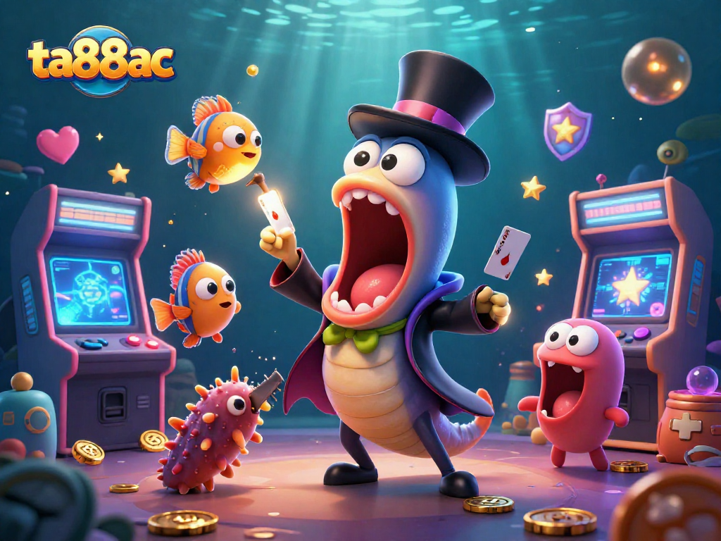 Experience thrilling card tricks with ta88ac's deep-sea casino characters amid vibrant game elements.