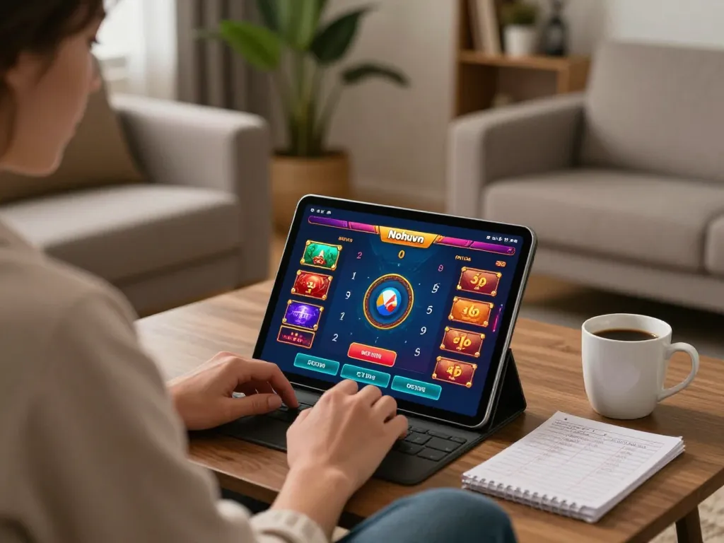Nohuvn online gambling: Player betting on mobile device in a cozy living room.