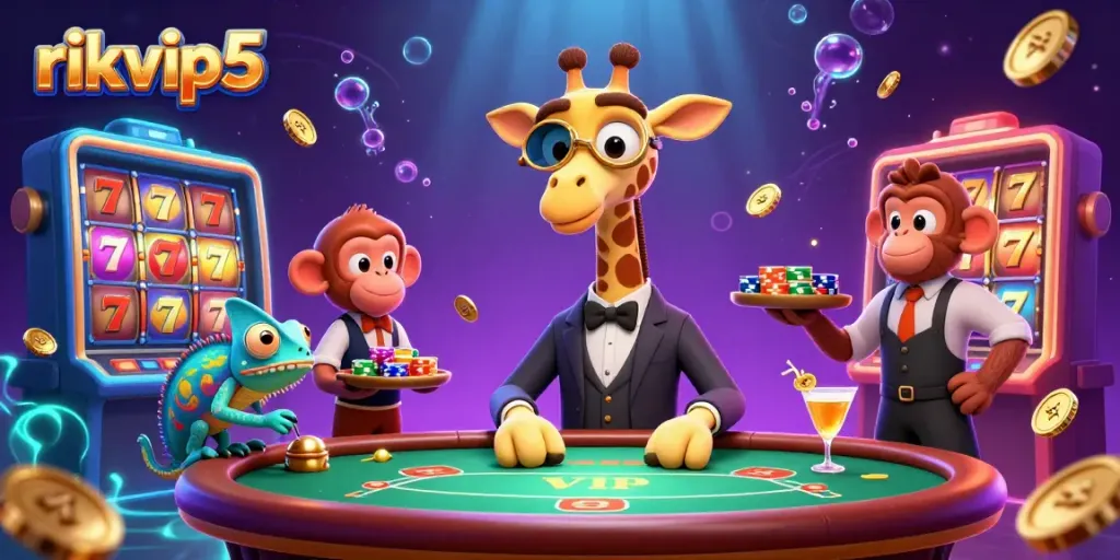 Experience the thrill of rikvip5 with a high-roller giraffe, monkey valet, and vibrant gaming elements in a dynamic casino scene.