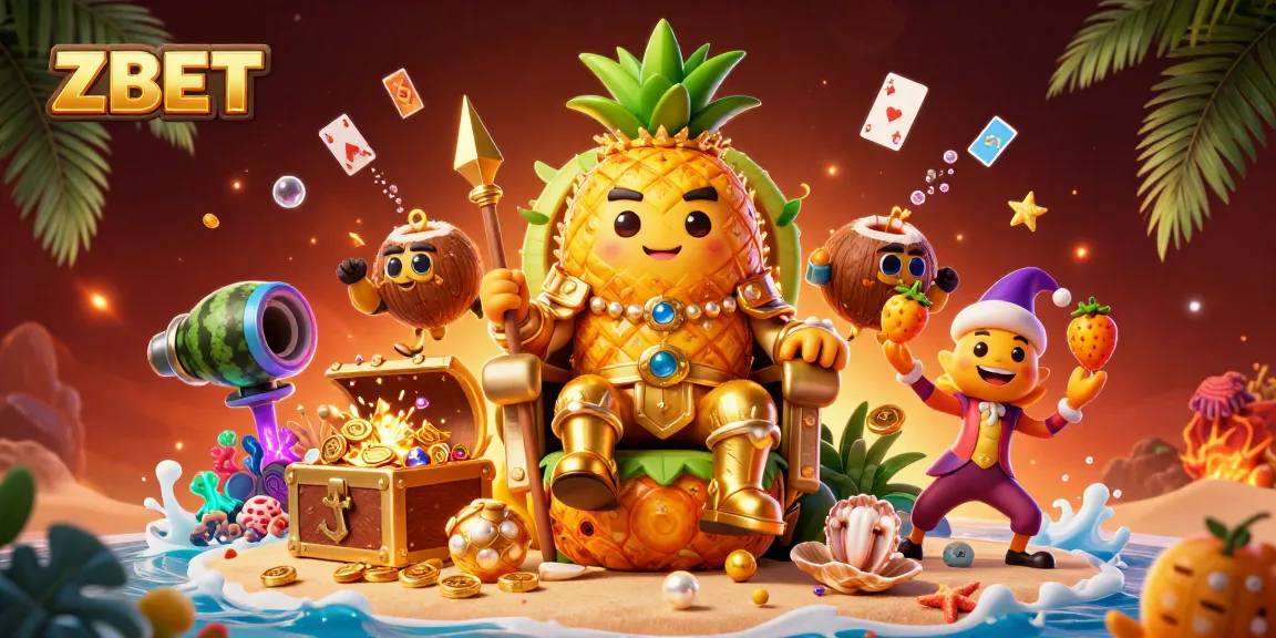 ZBET offers thrilling gaming with a golden pineapple king and playful elements in a vibrant casino setting.