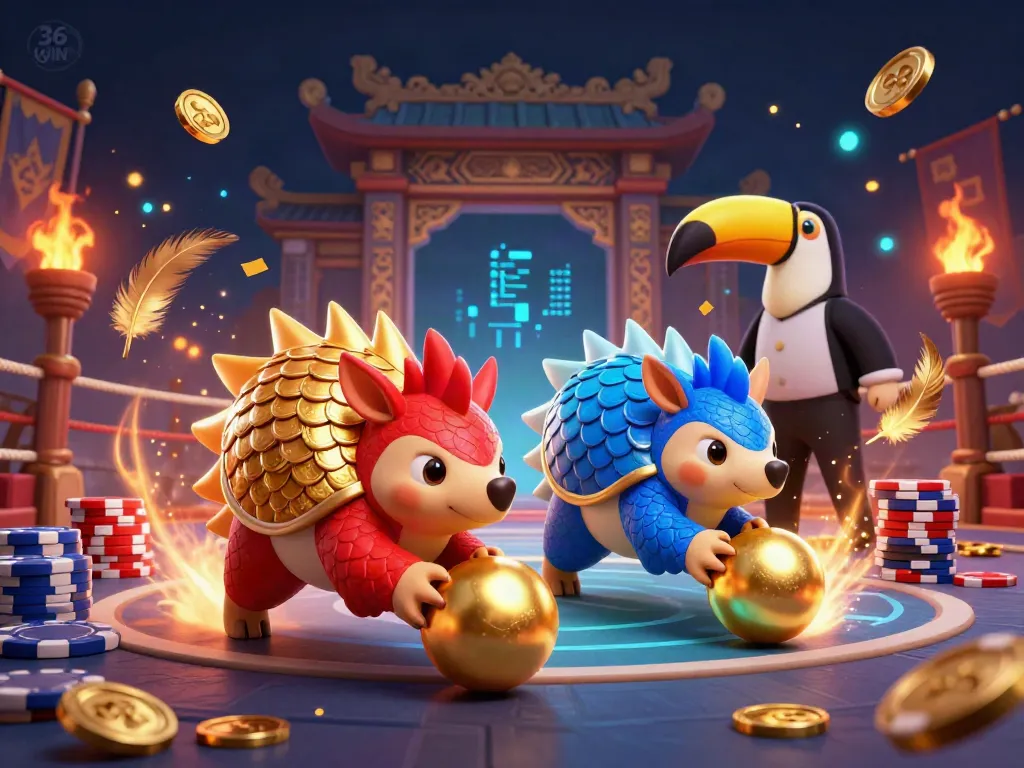 Experience the thrill of 36 WIN with rival pangolins bowling through poker chips in a vibrant casino scene.