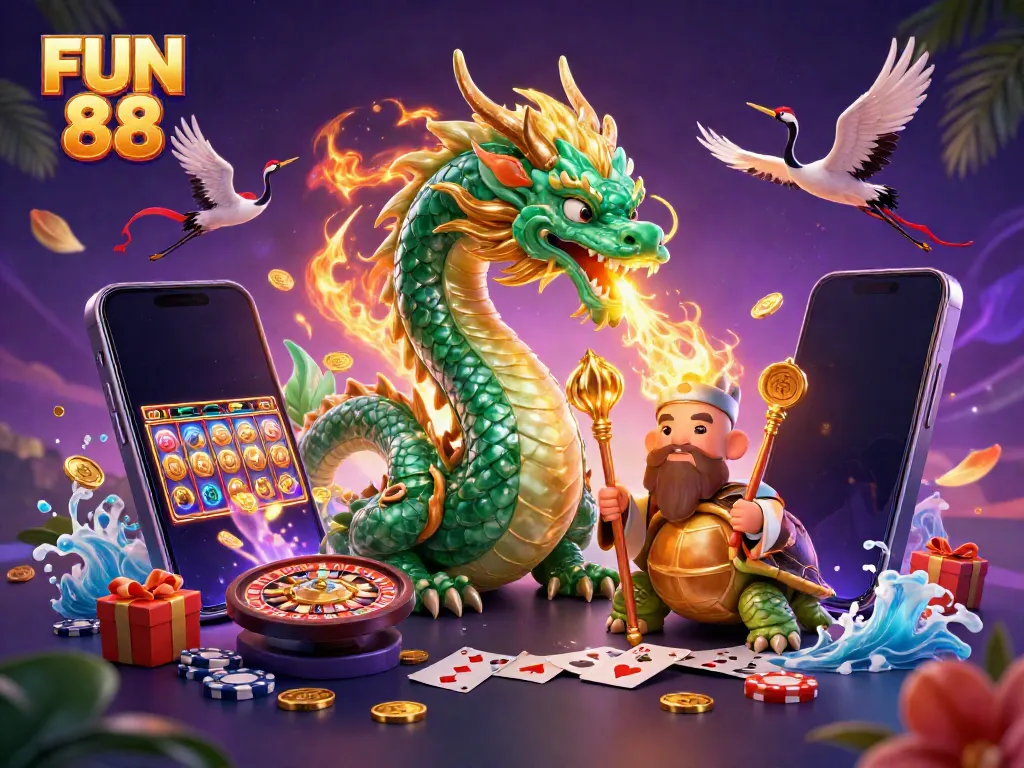 Engage with FUN 88 through a vibrant 3D dragon and turtle characters amidst dynamic casino elements.