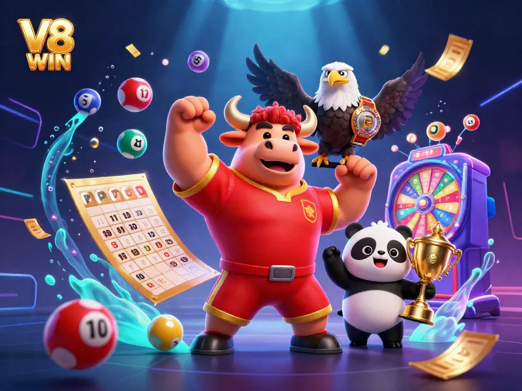 Experience the thrill of V8 WIN with a vibrant casino-themed victory scene.