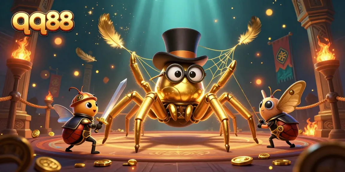 Experience the thrill of qq88 with a unique casino-themed scene showcasing a golden tarantula and beetle knight.