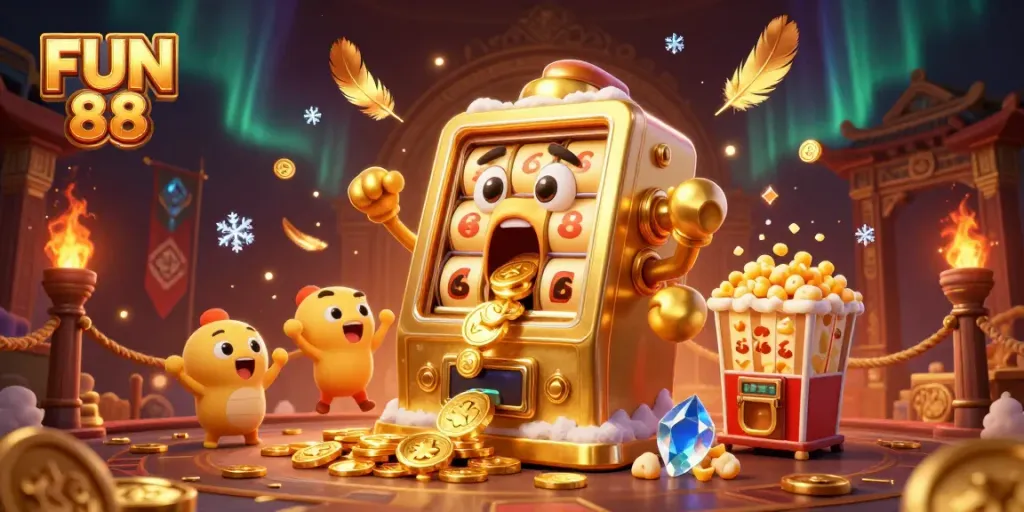 Spin and win with FUN 88's dazzling slot machines as coins burst forth joyfully during gameplay.