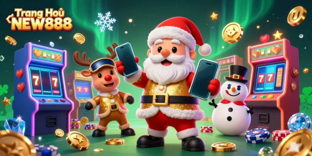 Experience the excitement of gaming with Trang Chủ NEW888 in a vibrant casino scene featuring Santa and friends.