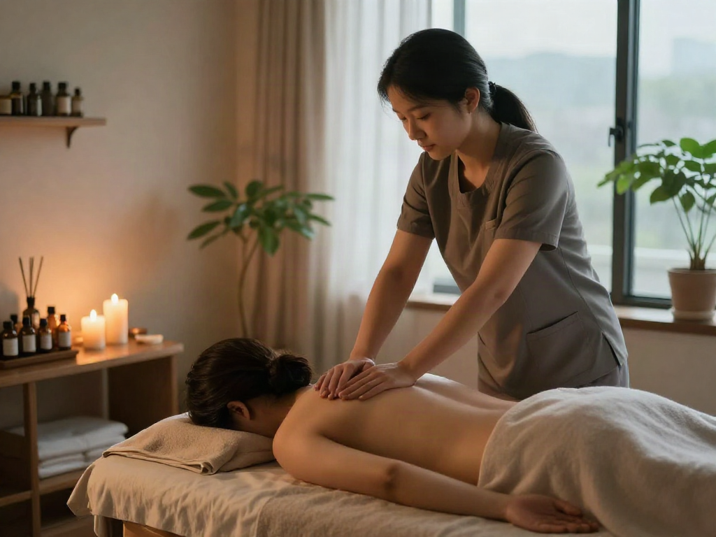 인천출장 마사지 치료 장면, 편안한 환경에서 전문 마사지사의 손길이 닿는 모습입니다.
