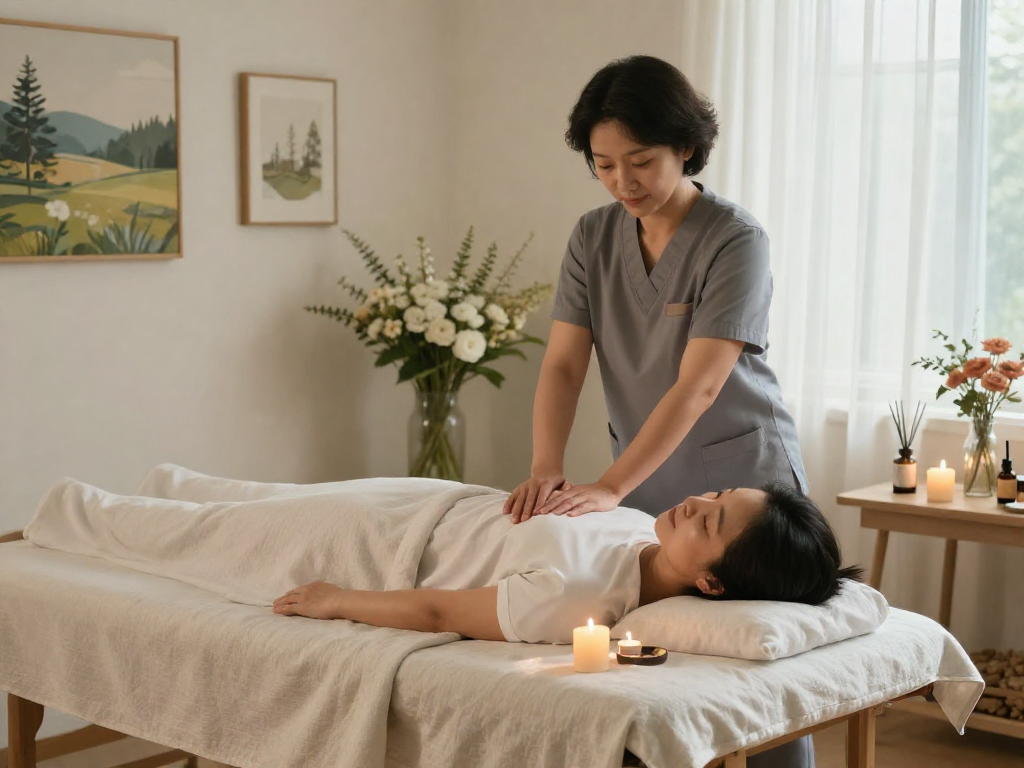 부산출장마사지 서비스를 받는 고객과 전문 마사지사, 아늑한 거실에서 편안한 분위기.