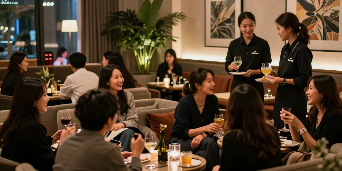 강남 타이밍의 고급스러운 라운지에서 즐거운 모임을 즐기는 모습
