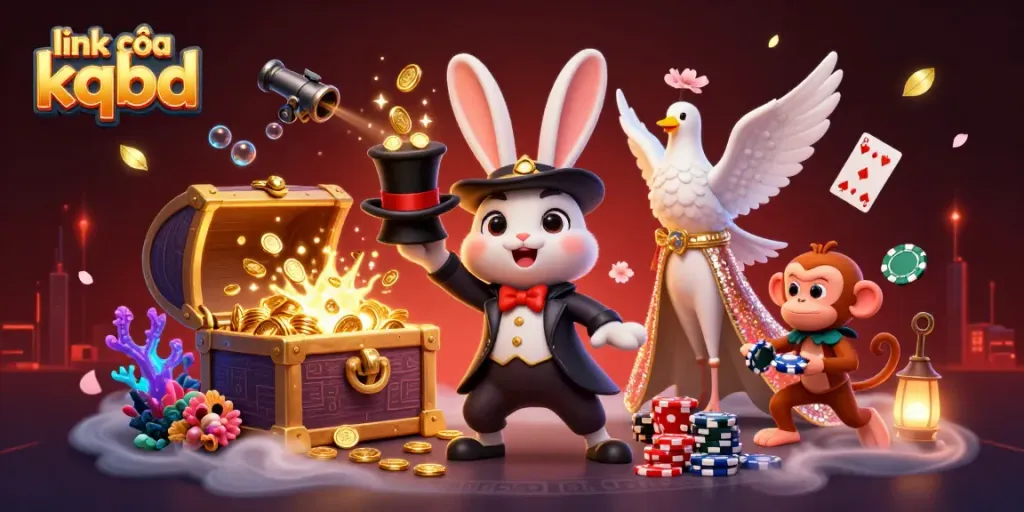 Engage with link vào kqbd as a 3D magician rabbit conjures coins, showcasing vibrant casino imagery.