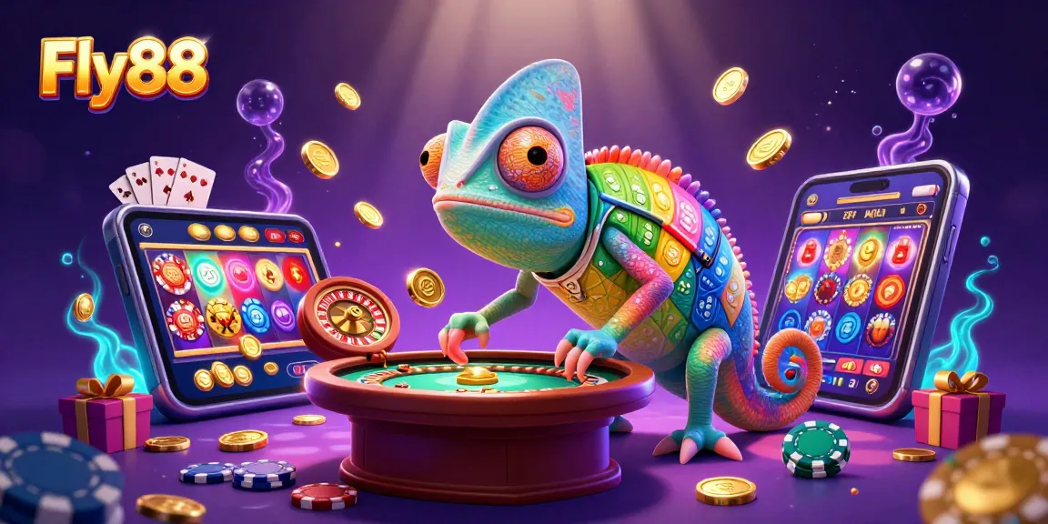 Engage with Fly88’s vibrant gambling scene featuring a colorful chameleon and dynamic casino elements.