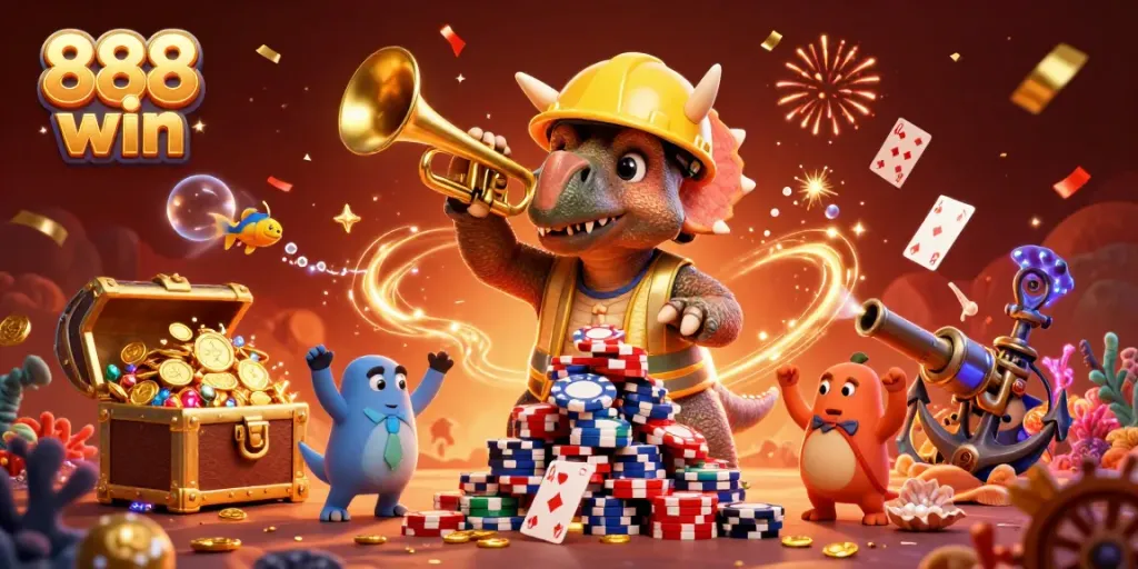 Celebrate big wins with 888 win in this lively 3D illustration featuring adorable dinosaurs and sparkling treasures.