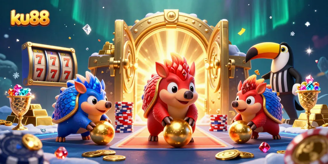 ku88 pangolins roll golden balls while bowling through poker chips in a vibrant casino scene