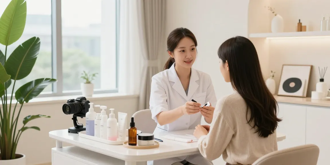 신사역 온다를 경험하는 예피다의원, 피부 상담과 스킨케어 제품을 강조한 아늑한 치료실.