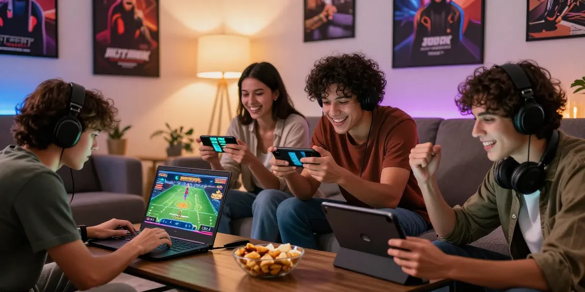 Friends engaging with go99 gaming activities in a lively living room.