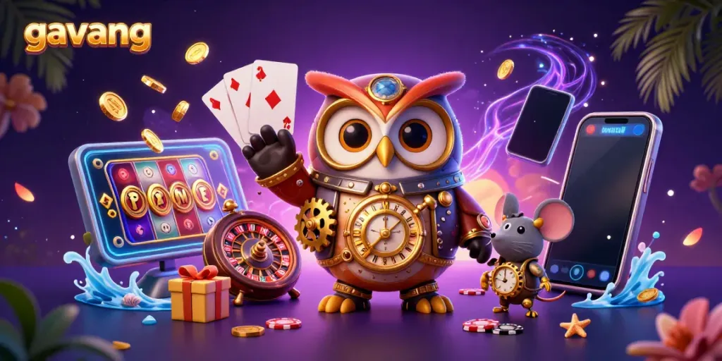 Experience thrilling gaming at Gavang with a dazzling 3D illustration integrating vibrant casino elements.