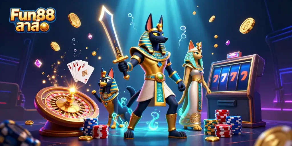 Experience Fun88 ล่าสุด with Anubis and Bastet in a vibrant casino scene.
