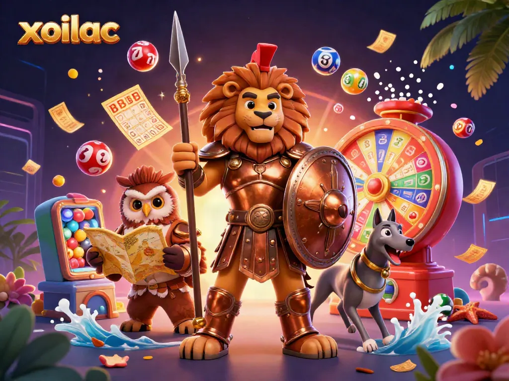 Xoilac captures thrilling moments with vibrant colored lottery balls and engaging characters.