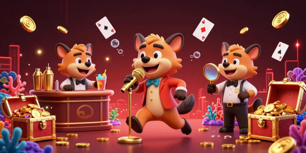 Experience the fun at PHWIN with hyena characters in a vibrant casino scene full of games and treasures.