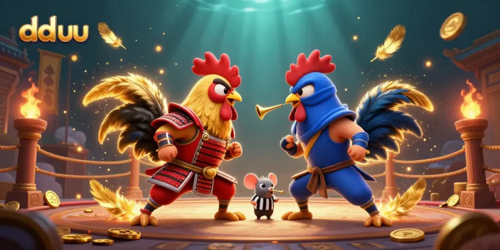 Experience thrilling gameplay with dd uu as fighting roosters clash in a dramatic standoff.
