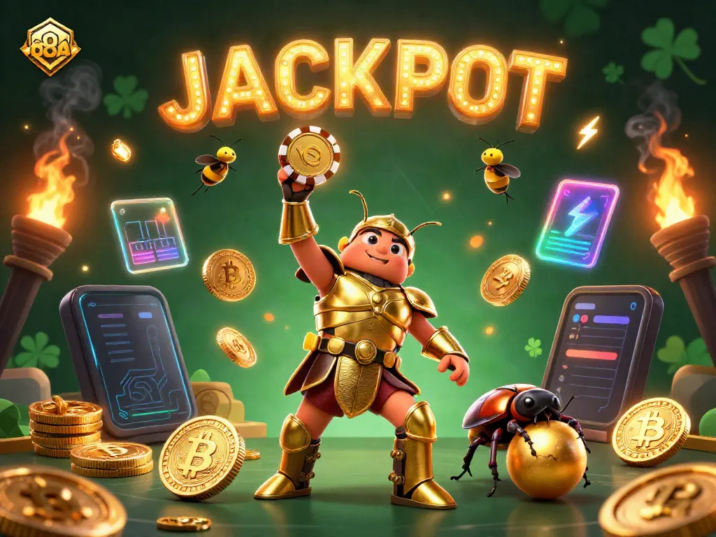 Engage with 88AA's epic win scene featuring a victorious beetle lifting a poker chip amidst dazzling casino elements.