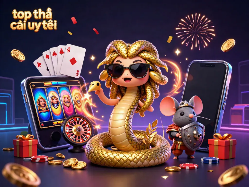 Engage with top nhà cái uy tín through a vibrant 3D casino scene featuring Medusa, a warrior mouse, and various gaming elements.
