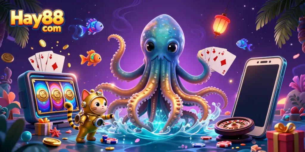 Experience thrilling gaming with Hay88 com featuring a whimsical kraken, a diving cat, and vibrant casino elements.
