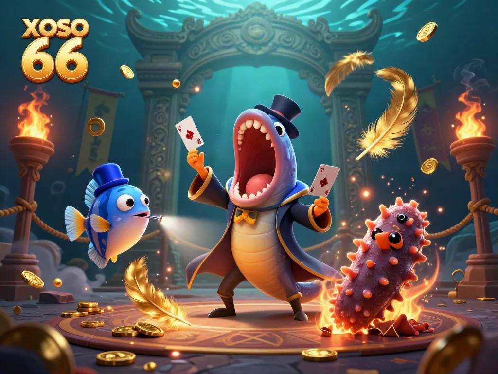 XOSO 66 features a magical scene with unique aquatic characters performing tricks amidst casino elements.