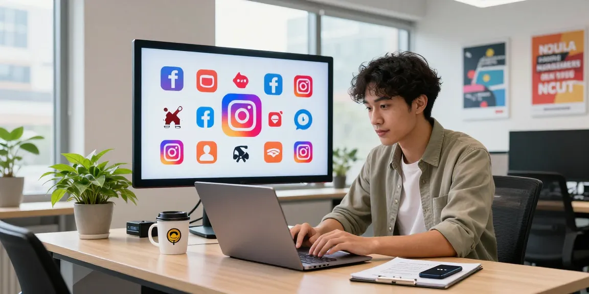 SNSヒーローのSNS成長を分析する若手マーケティングプロフェッショナルの活気あるオフィス風景