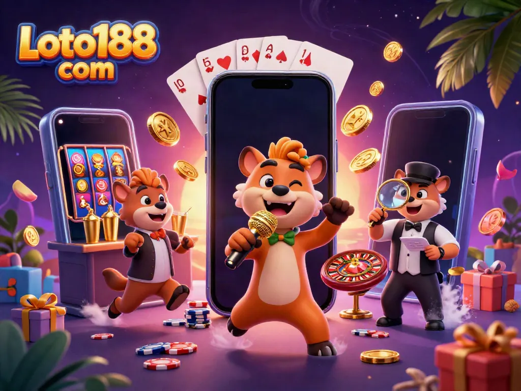 Experience the vibrant excitement of Loto188 com with animated hyenas in a dynamic casino scene featuring slot games and gold coins erupting.